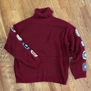 Oversized Burgundy Turtleneck Sweater with Floral Accents